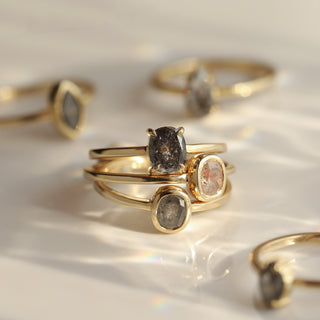 Carrie Elizabeth salt and pepper solitaire exclusive solid gold rings