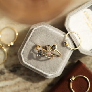 Carrie Elizabeth salt and pepper solitaire exclusive solid gold rings