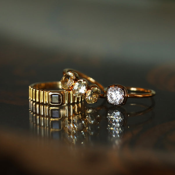 Gold Olive Quartz three stone ring 