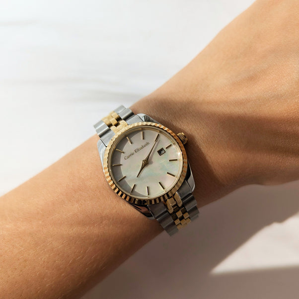 Carrie Elizabeth Mother of Pearl Watch, gold and silver 5 link strap