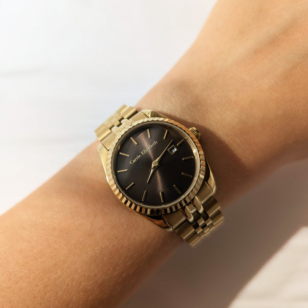 Carrie Elizabeth Gold and chocolate Watch, with 5 link strap