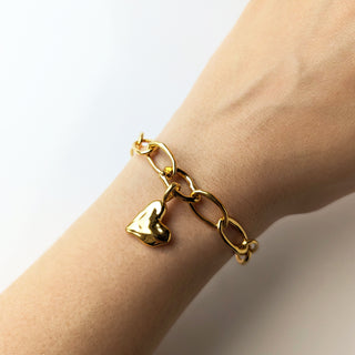 gold Molten Oval Link Chain Bracelet with Heartbeat Pendant