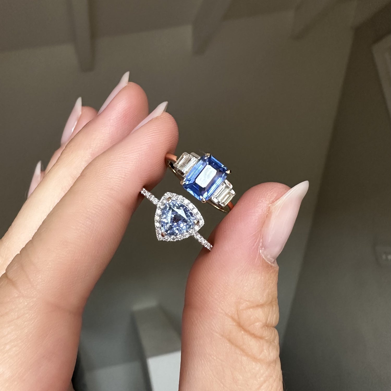 Blue and White sapphire engagement ring in solid gol
