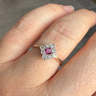 Vintage Ruby and Diamond 18k Yellow Gold and Platinum Ring- UK Size N 1/2