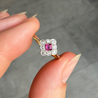 Vintage Ruby and Diamond 18k Yellow Gold and Platinum Ring- UK Size N 1/2