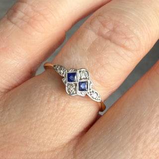 Vintage Sapphire and Diamond 18k Yellow Gold and Platinum Ring- UK Size N 1/2