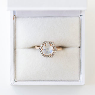 SAMPLE SALE- Moonstone and Diamond Hexagon Ring - Size UK H