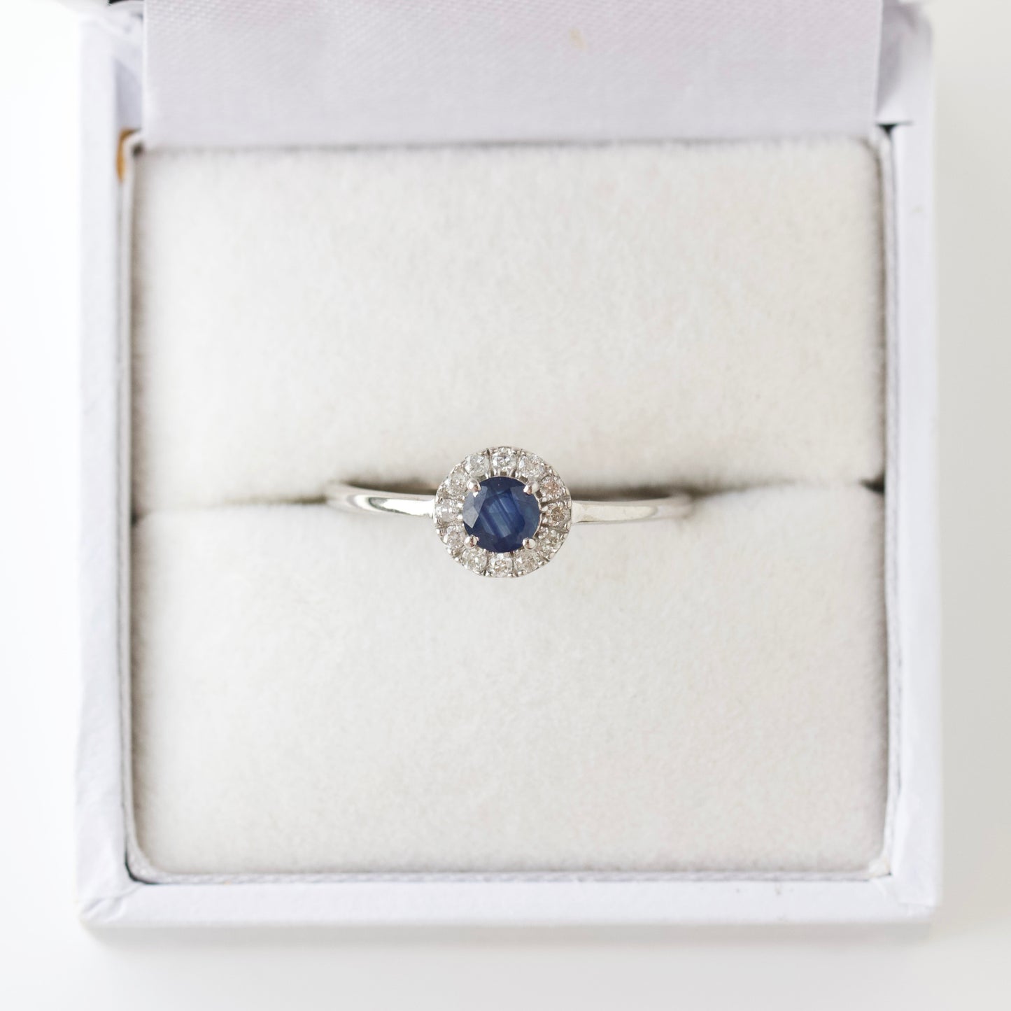 SAMPLE SALE- Blue Sapphire and Diamond Ring in 9k Solid White Gold- Size UK O