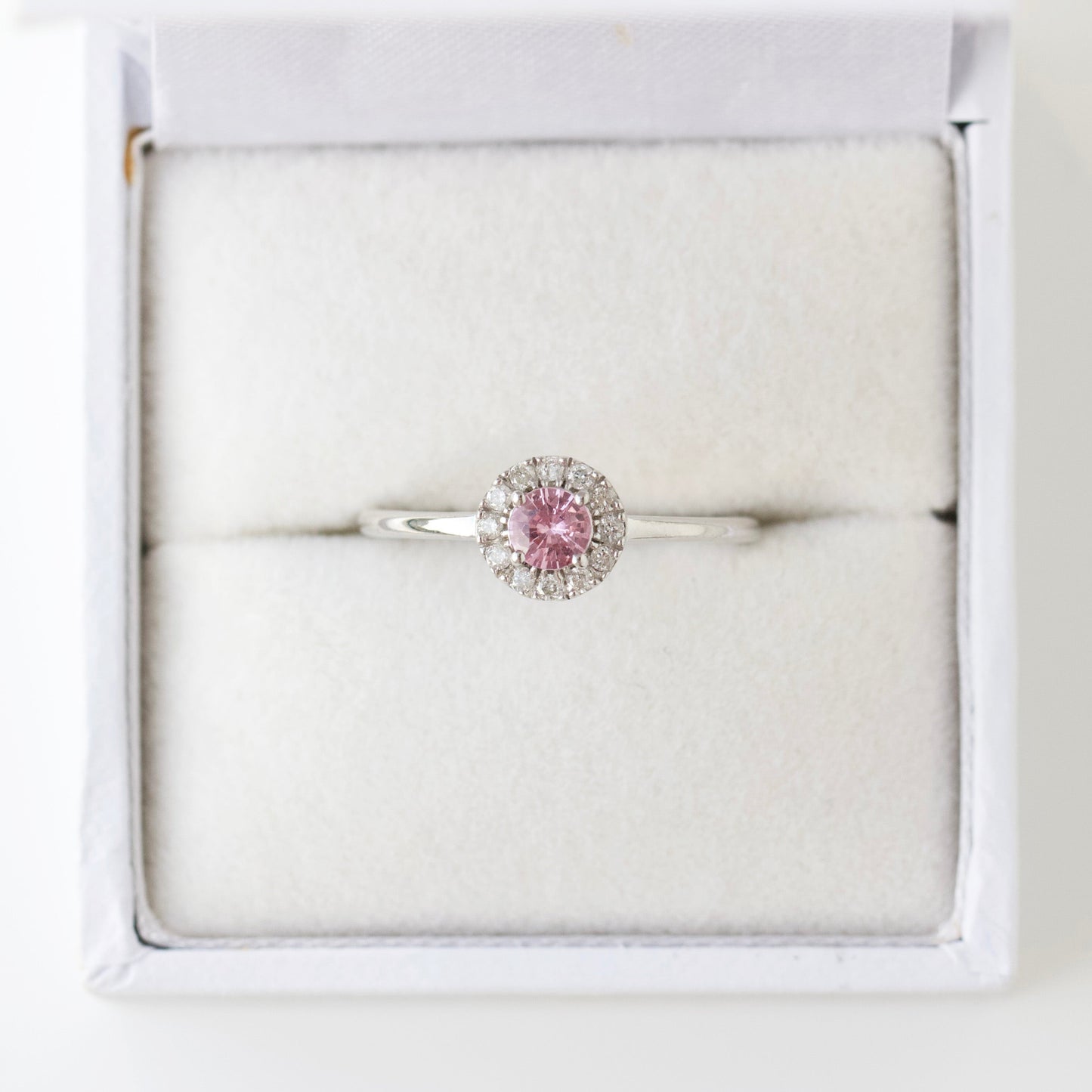 SAMPLE SALE- Pink Sapphire and Diamond Ring in 9k Solid White Gold- Size UK M
