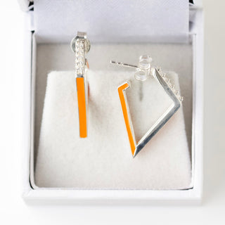 SAMPLE SALE- Orange Enamel and CZ Sterling Silver Triangle Earrings