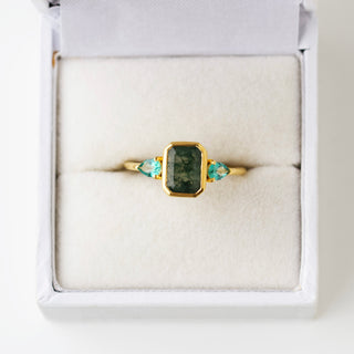 SAMPLE SALE- Bezel Set Moss Agate Ring with Topaz Pears - UK Size O