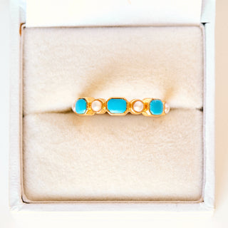 SAMPLE SALE- Turquoise and Pearl Stacking Deco Ring - UK Size L 1/2