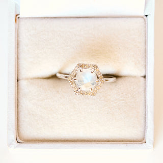 SAMPLE SALE- Moonstone & Diamond Halo Ring - UK Size Q 1/2