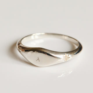 SAMPLE SALE- Diamond Star Set Signet Ring Enraved With ' A' - UK Size L