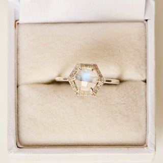SAMPLE SALE- Moonstone and Diamond Hexagon Ring - UK Size O