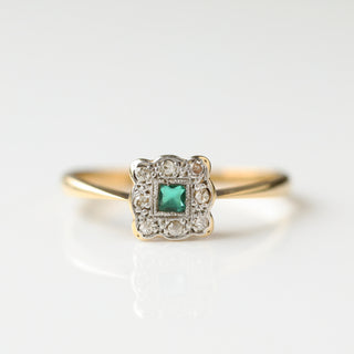 Vintage Emerald and Diamond 18k Yellow Gold and Platinum Ring - UK Size O