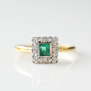Vintage Emerald and Diamond 18k Yellow Gold and Platinum Ring - UK Size L 1/2