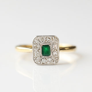 Vintage Emerald and Diamond 18k Yellow Gold and Platinum Ring - UK Size N