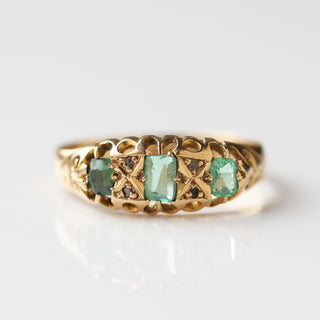 Vintage Emerald and Diamond 18k Yellow Gold Ring - UK Size M