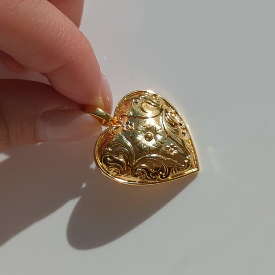 Large Gold heart with engraved floral details
