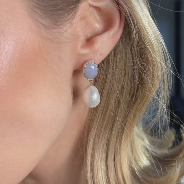 Iris Blue Lace Agate & Pearl Drop Earrings