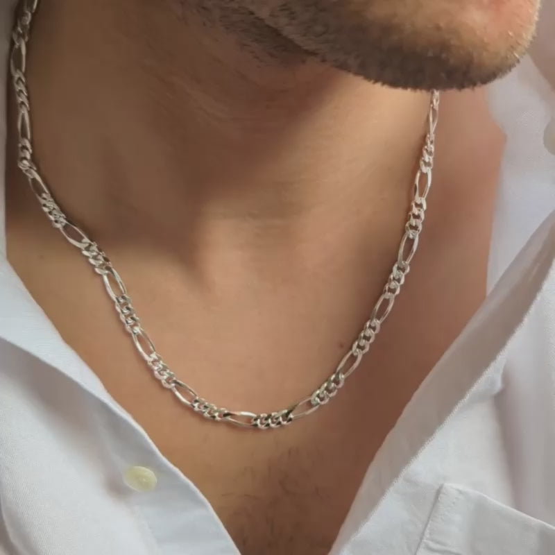 mens silver figaro chain necklace
