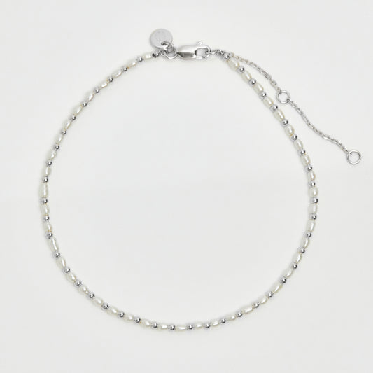 Rice Pearl Beaded Anklet In Sterling Silver