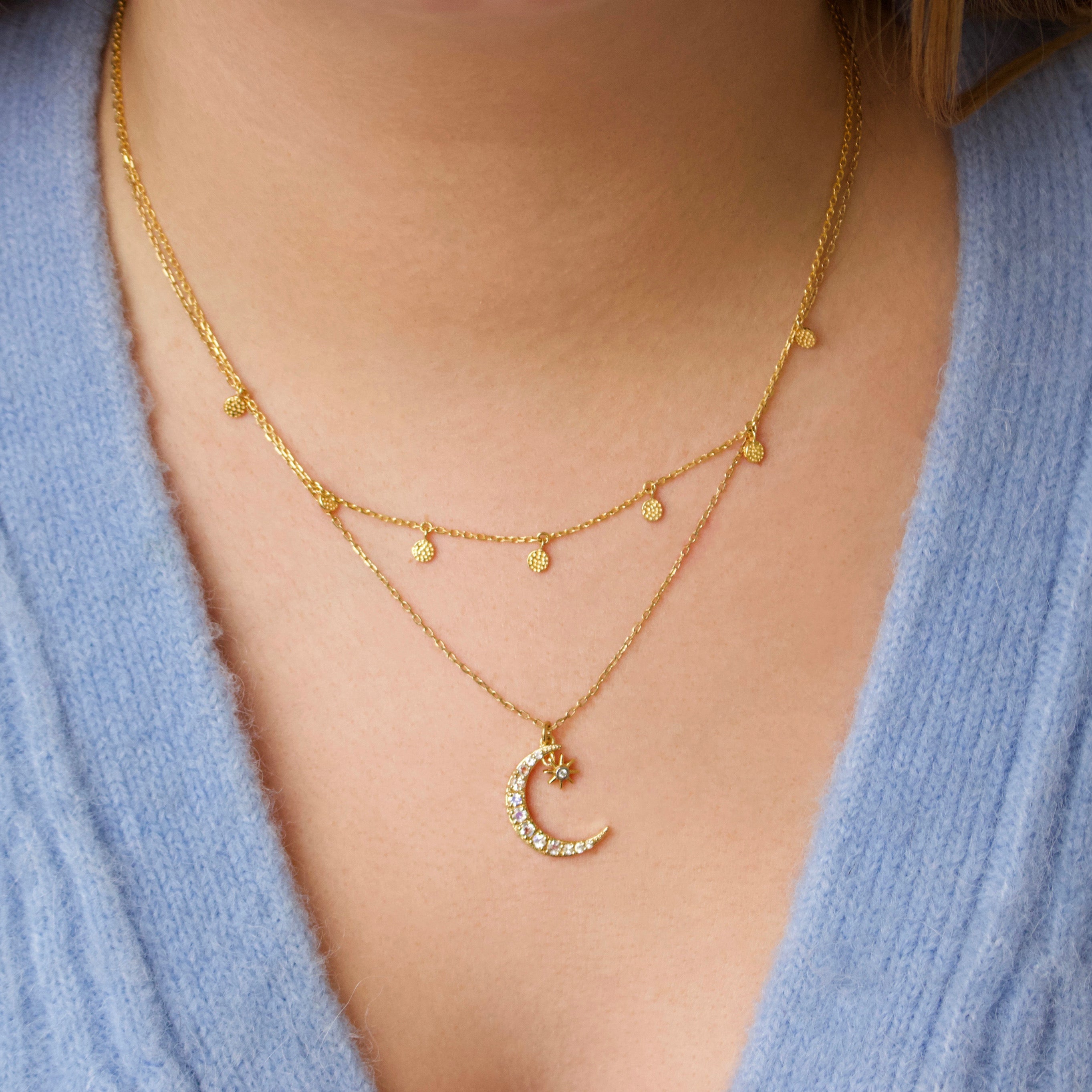 Moonstone & Diamond Crescent Moon Necklace