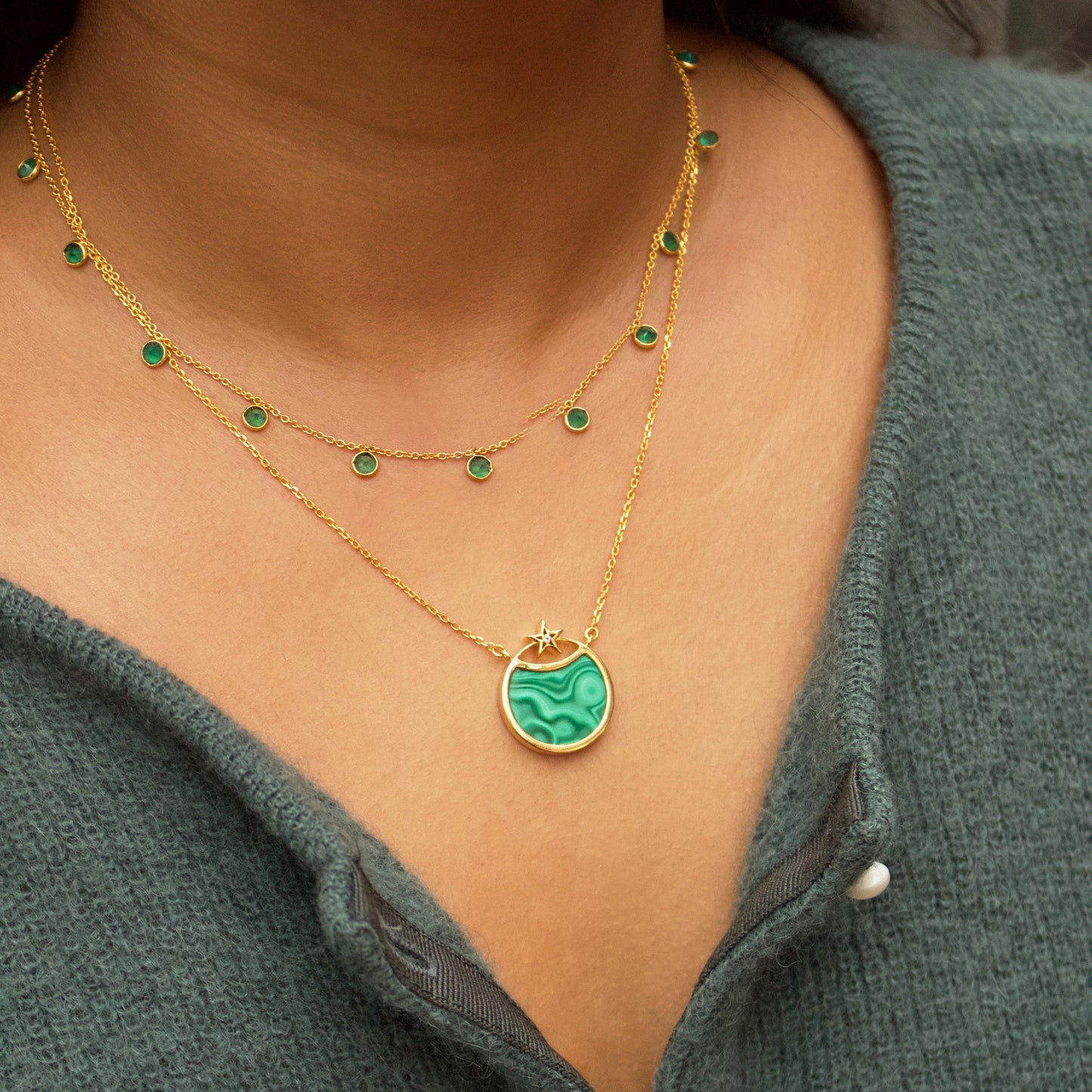 Green Onyx Droplet Necklace in Gold Vermeil Necklace Malya 