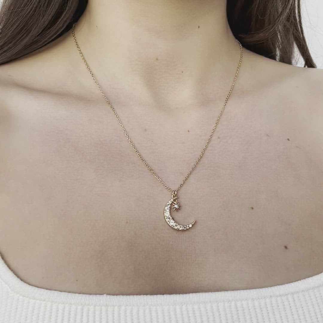 Moonstone & Diamond Crescent Moon Necklace