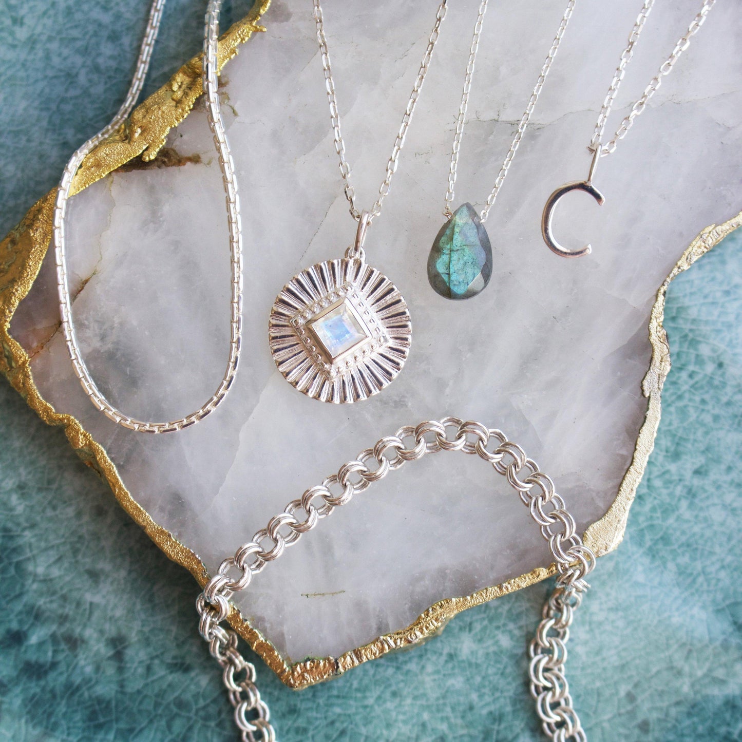 Moonstone Sunray Coin Pendant in Sterling Silver necklace Dwarkas 