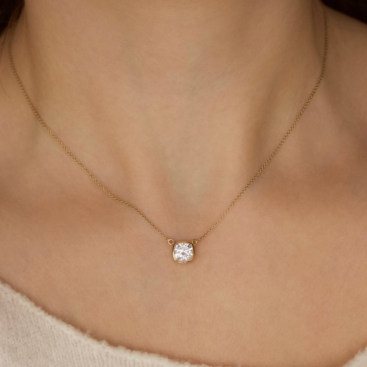 Carrie Elizabeth moissanite bezel set necklace in solid 9k gold
