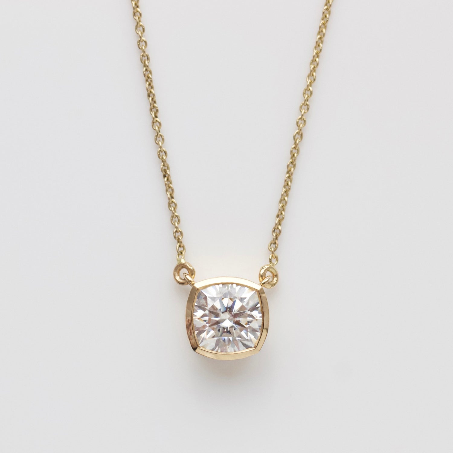Carrie Elizabeth moissanite bezel set necklace in solid 9k gold