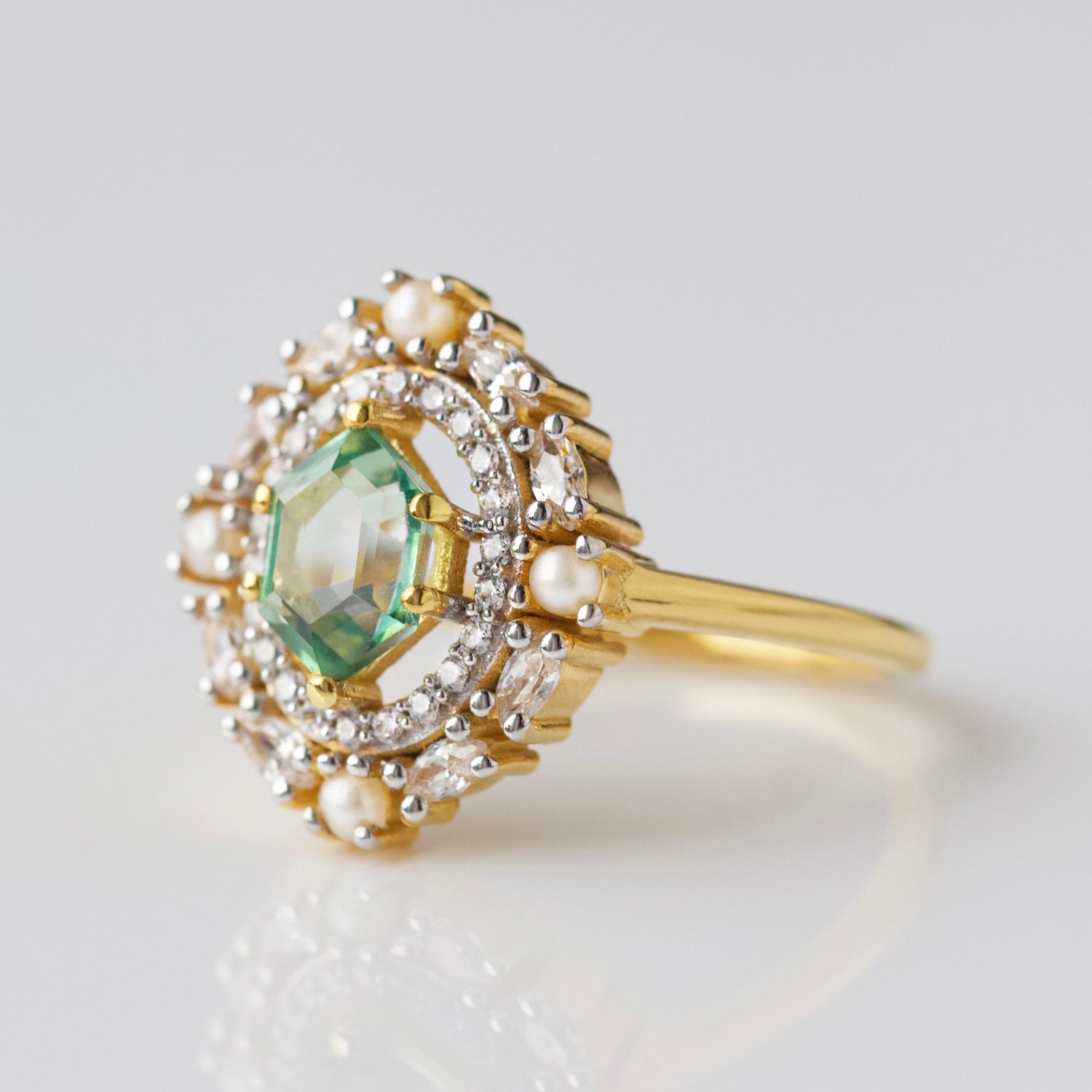 14k Gold Vermeil Garden Party Fern Green Topaz & Pearl Halo Vintage ...