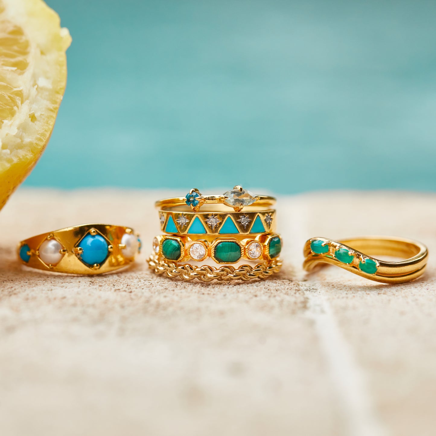 carrie elizabeth aquamarine and london blue topaz gemstone ring in gold