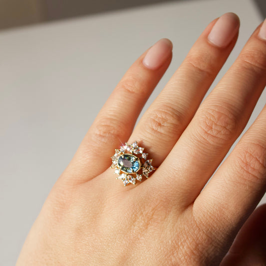 carrie Elizabeth solid gold exclusive engagement ring in teal & white sapphire