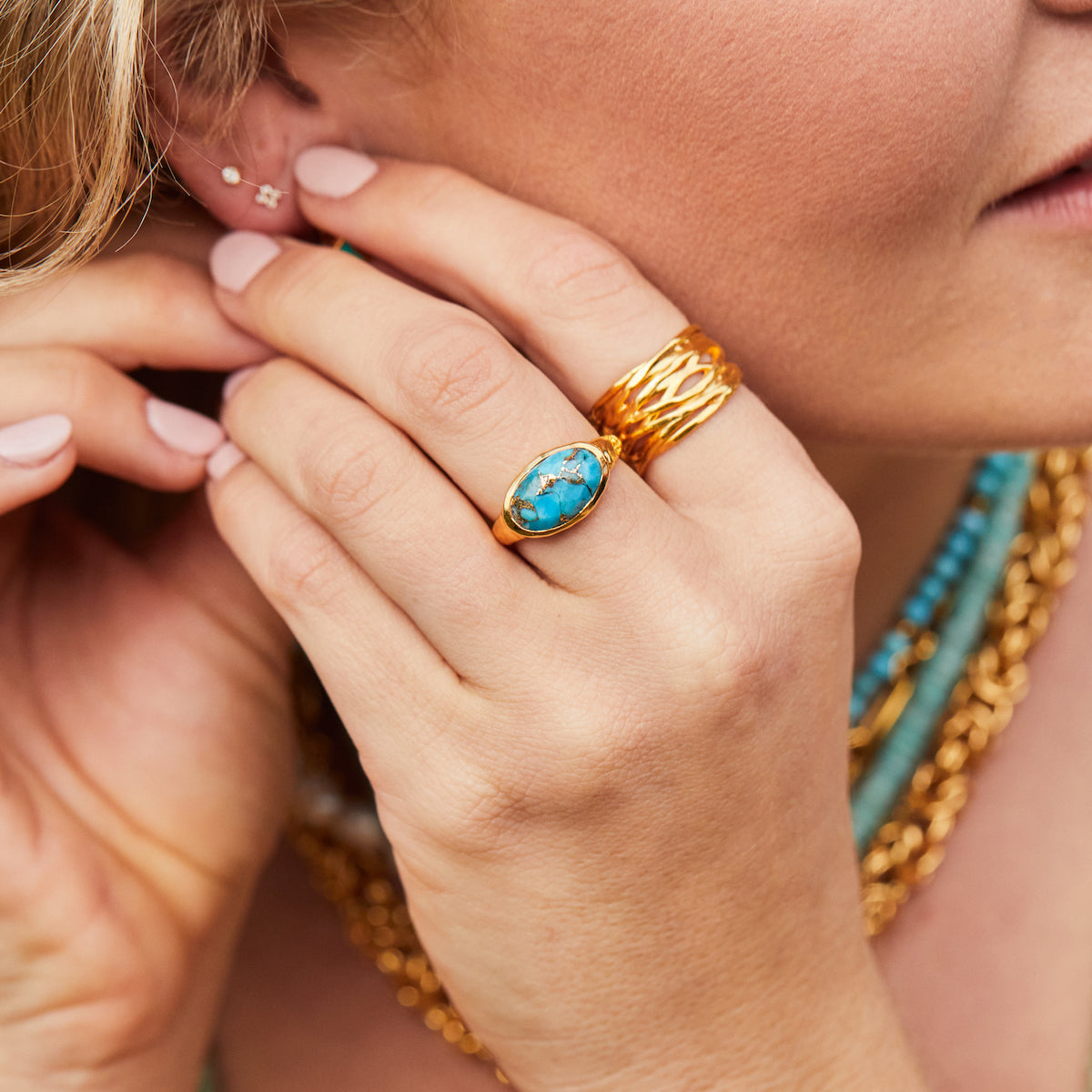 carrie elizabeth statement copper turquoise ring in gold