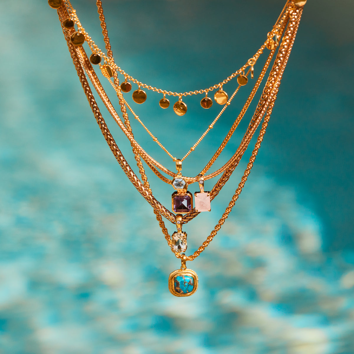 Carrie elizabeth blue topaz hexagon bobble chain necklace in gold vermeil