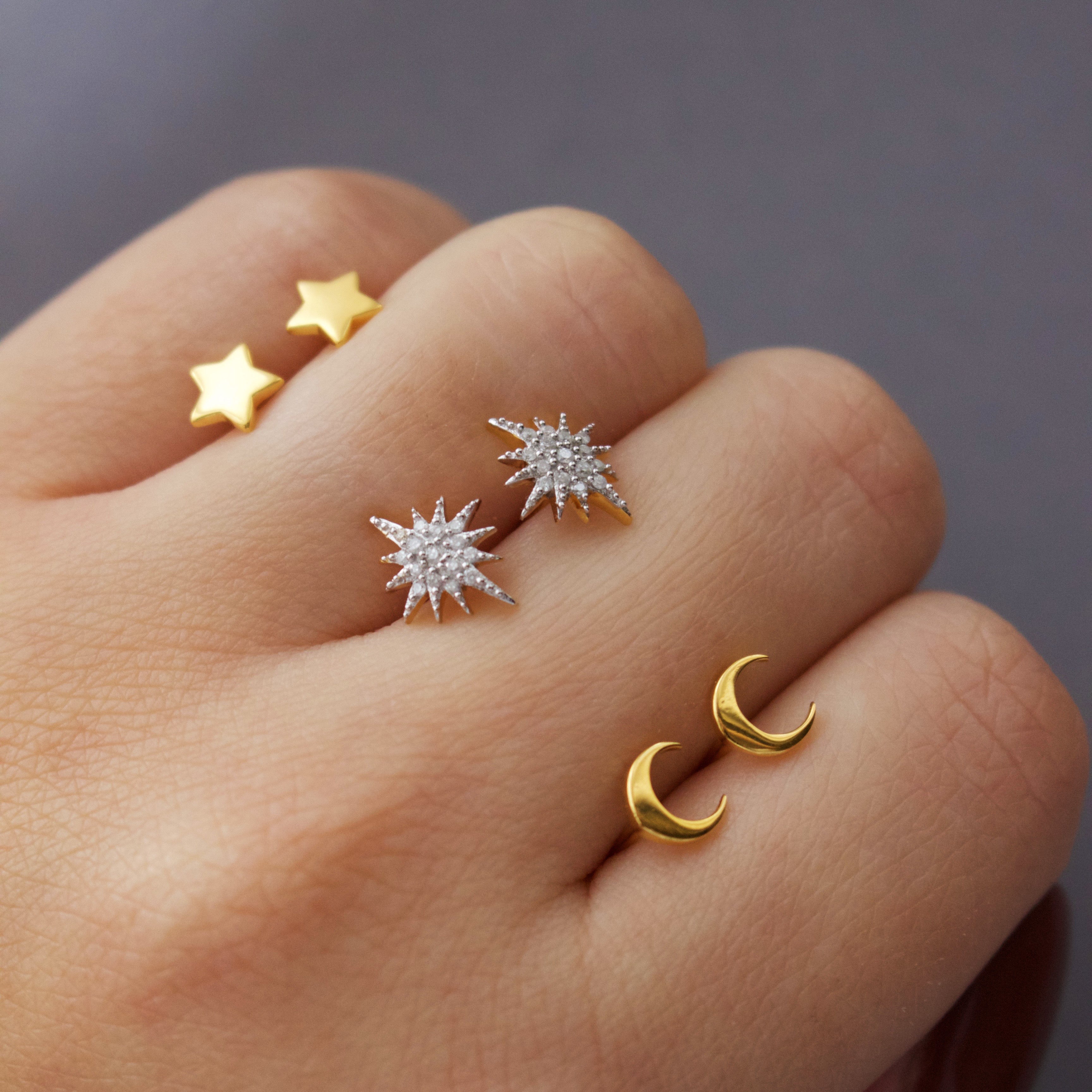 Diamond Starburst Stud Earring 14k Gold Vermeil Earrings