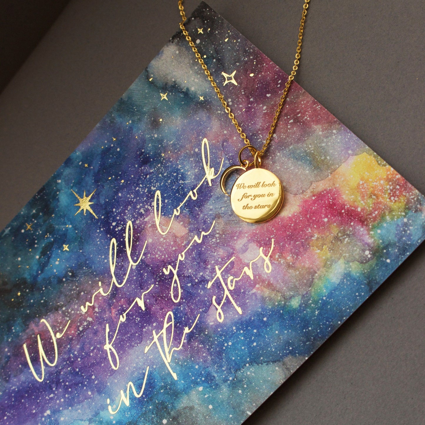 14k Gold Plated "We will look for you in the stars" Coin Necklace with Crescent Moon Charm Necklace Pink City 