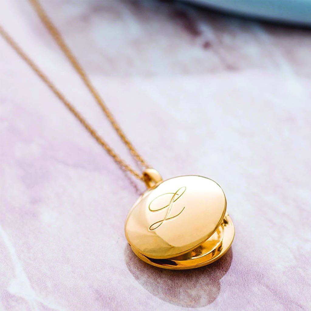 14k Gold Vermeil Engraved Initial Locket Necklace with Diamond Detail 150.00 100k10, 18