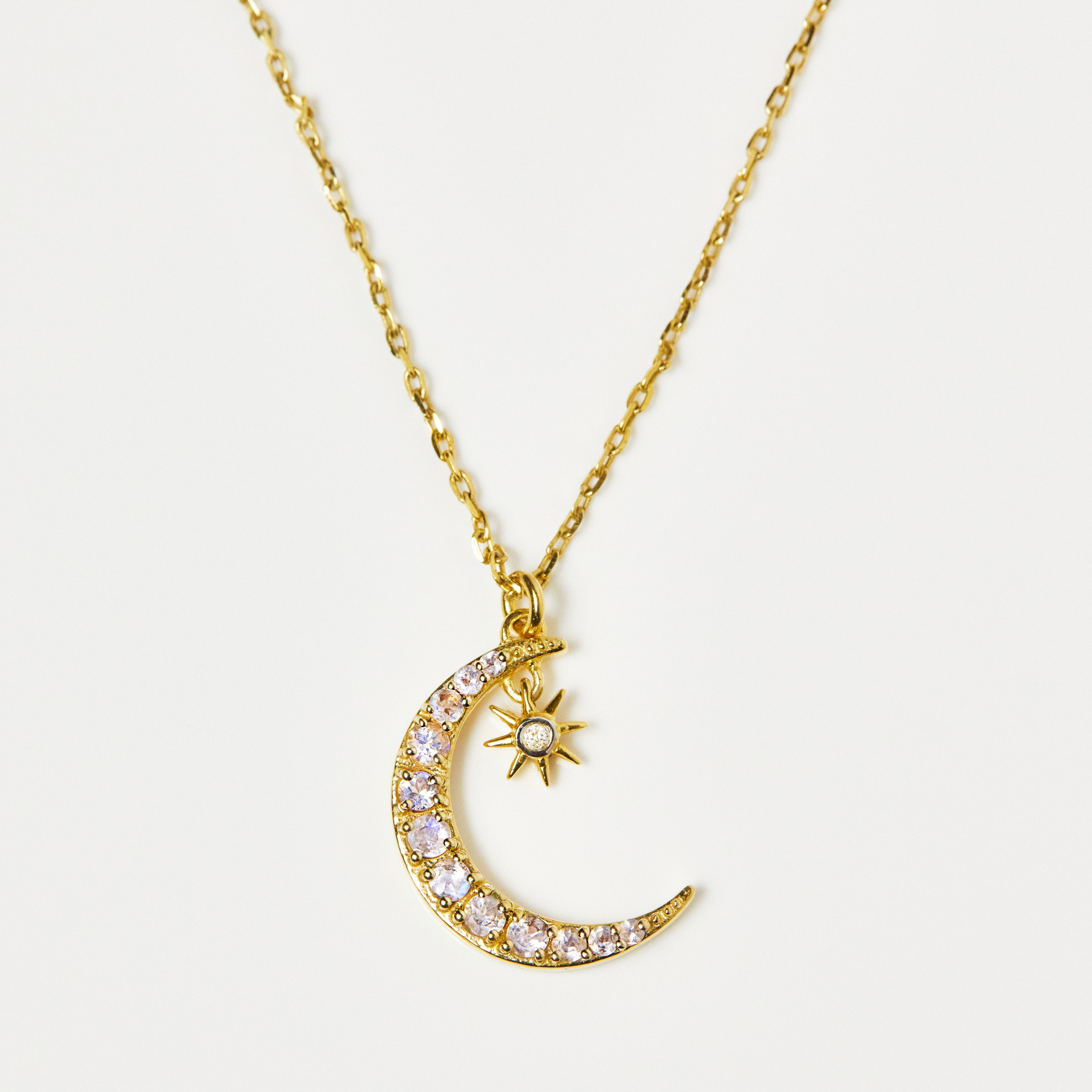 Moonstone & Diamond Crescent Moon Necklace