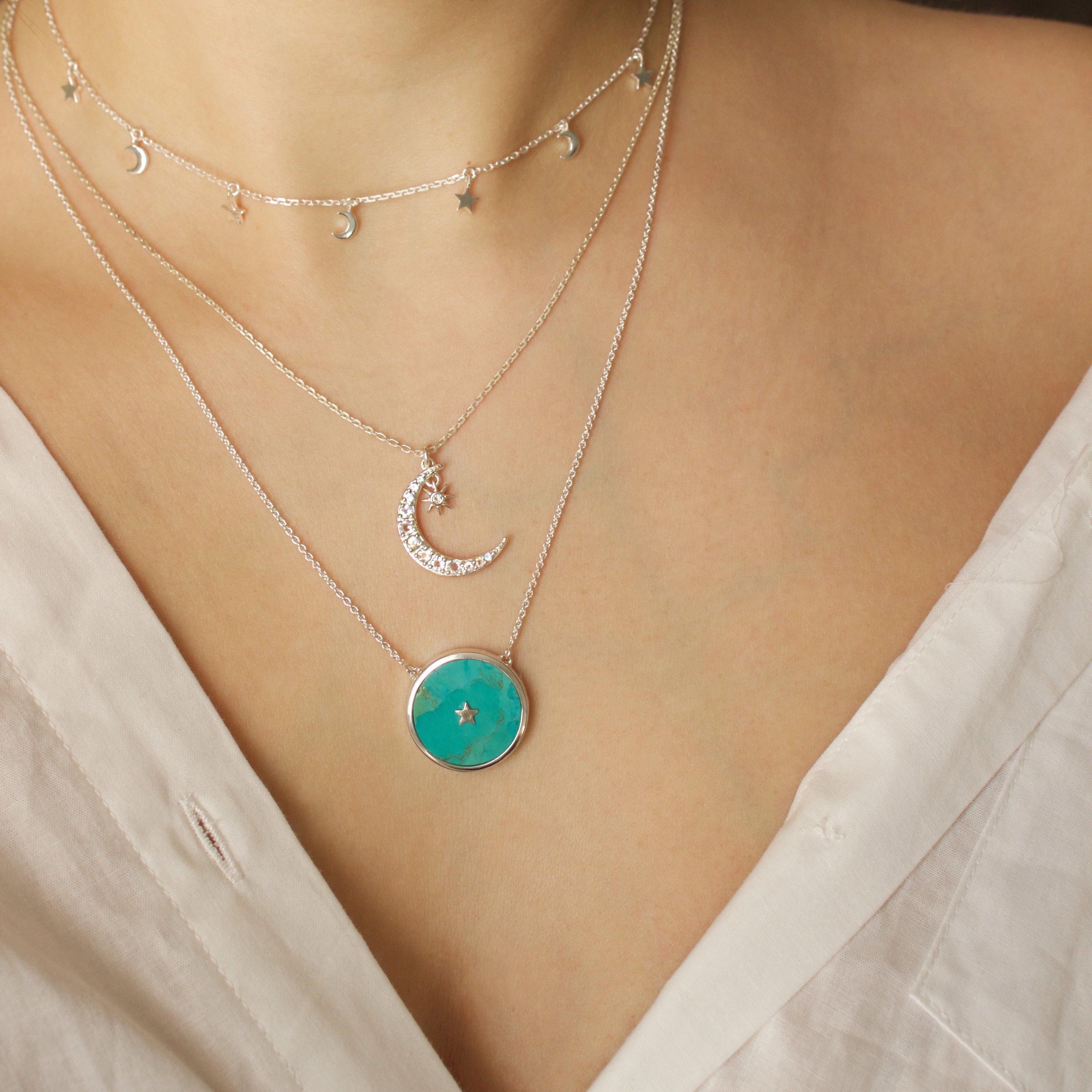Sterling Silver Night Sky Pendant in Turquoise Necklace VJI 