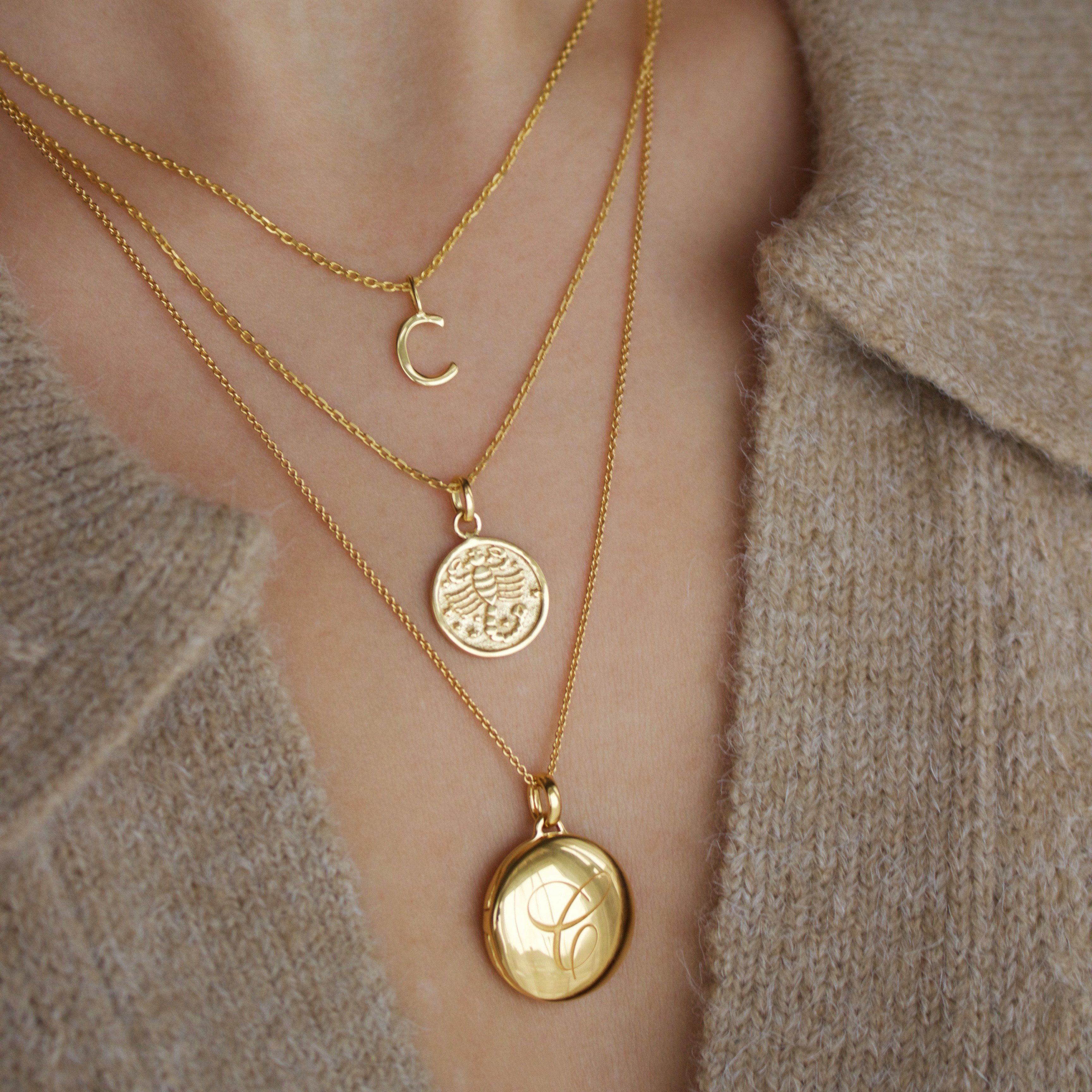 14k Gold Vermeil Engraved Initial Locket Necklace with Diamond Detail Necklace VJI 
