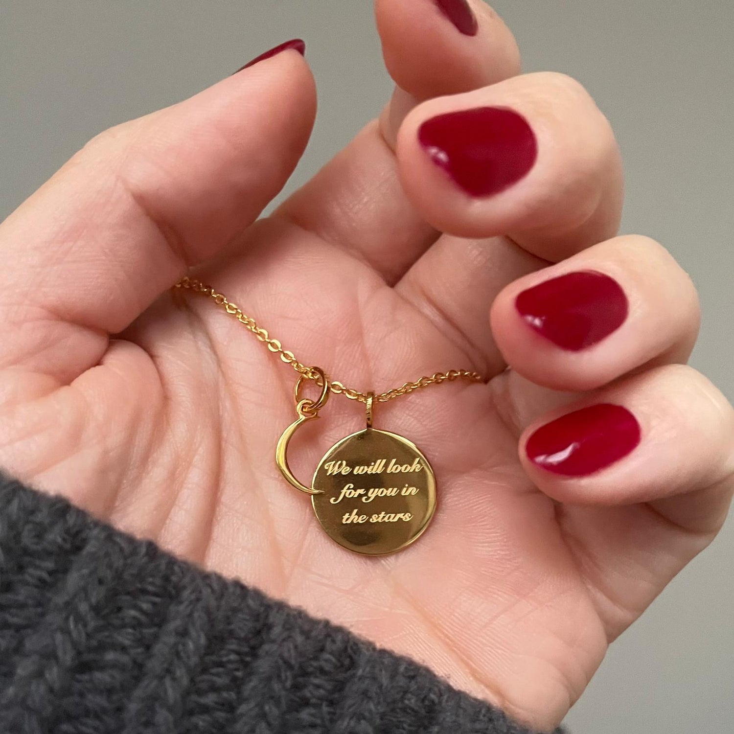 14k Gold Plated "We will look for you in the stars" Coin Necklace with Crescent Moon Charm Necklace Pink City 