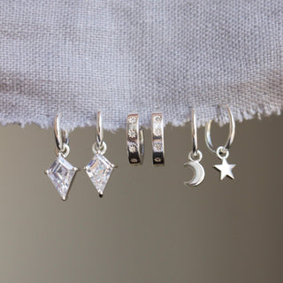 Moon & Star Charm Hoops in Sterling Silver Earrings VJI 