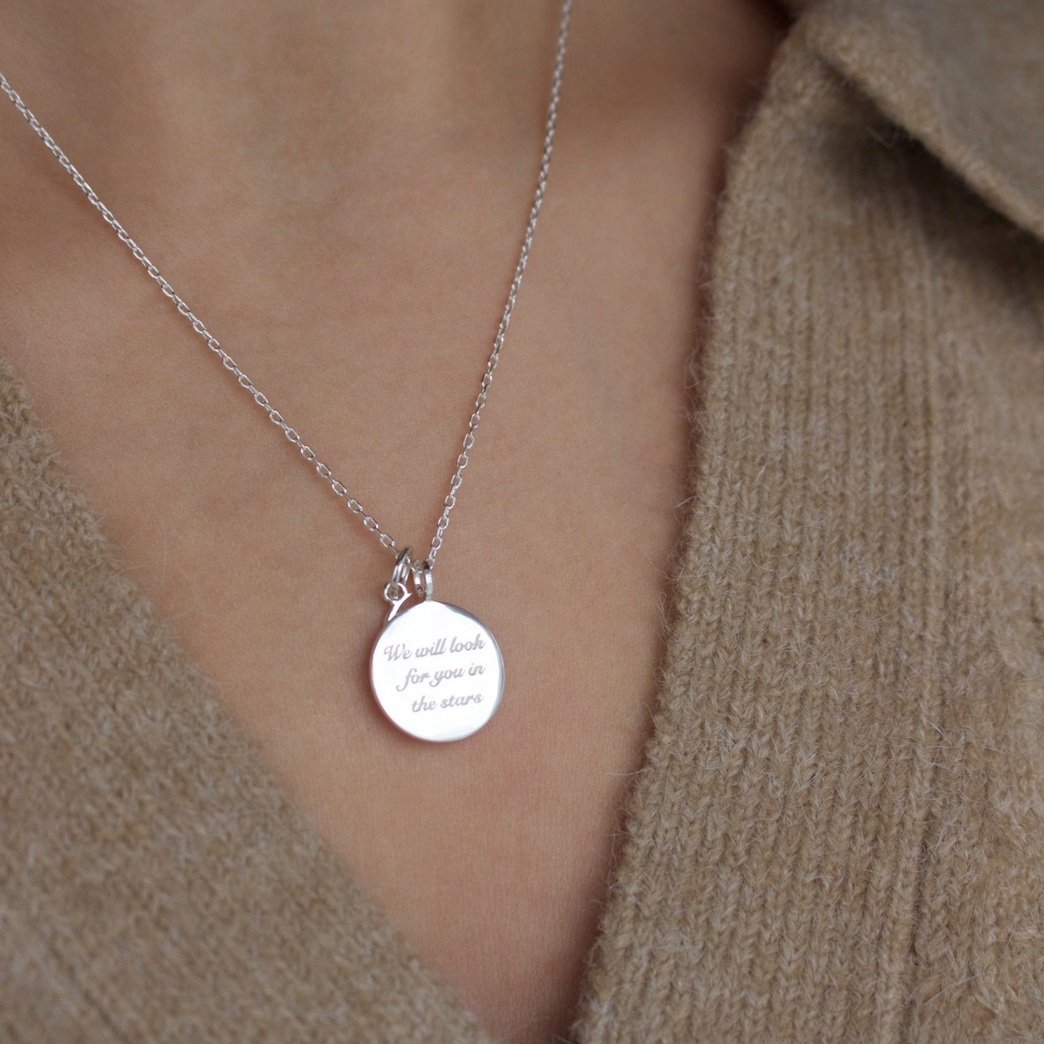 Sterling Silver "We will look for you in the stars" Coin Necklace with Crescent Moon Charm Necklace Pink City 