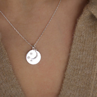Sterling Silver "We will look for you in the stars" Coin Necklace with Crescent Moon Charm Necklace Pink City 