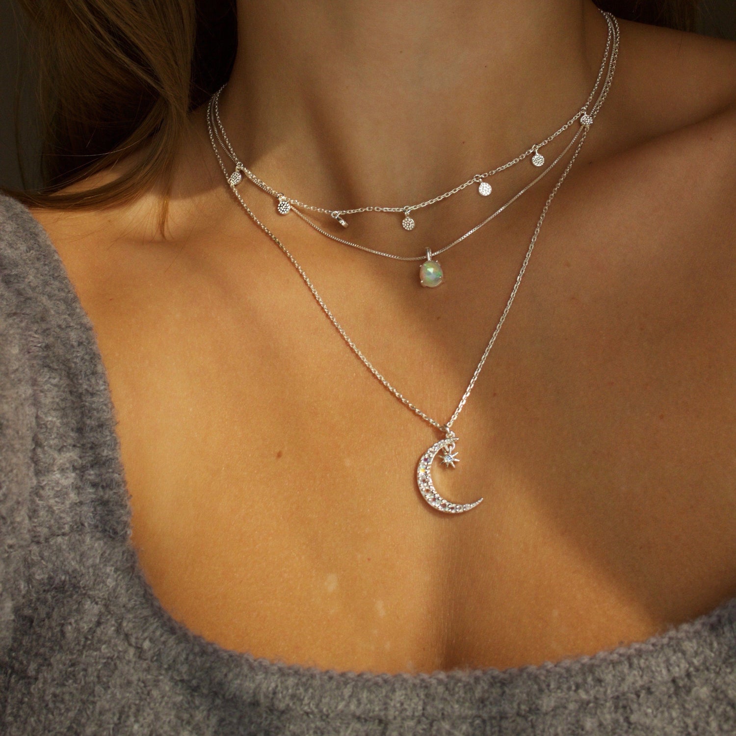 Sterling Silver Moon & Star Pendant Necklace in Moonstone & Diamond Necklace Dwarkas 