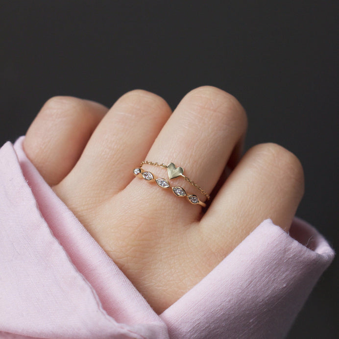 Gold Heart Chain Ring in 9k Solid Yellow Gold Ring Pink City 